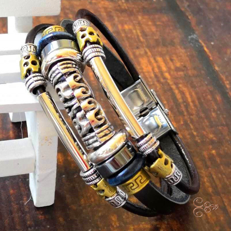 Men's Variety Of Cattle Leather Woven Gift Retro Stainless Steel Bracelet