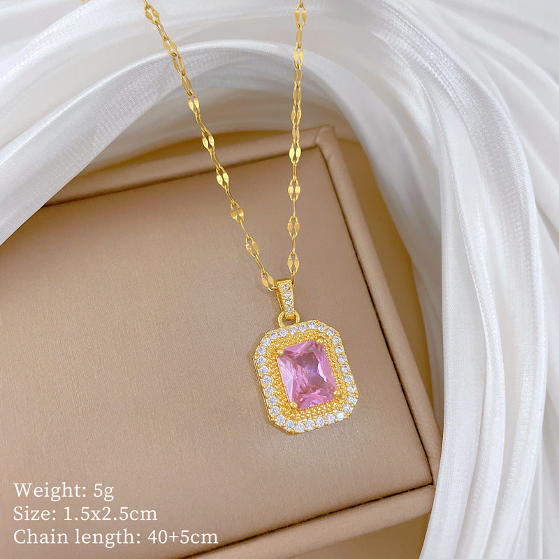 Steel Light Luxury Square Full Rhinestone Zircon Design Versatile Korean Necklaces