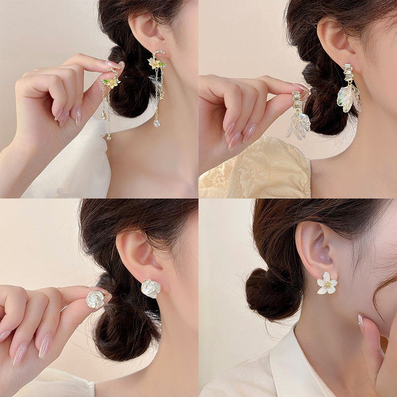 Summer Stylish Flower Sier Pin Sweet High Sense Design Petal Earrings