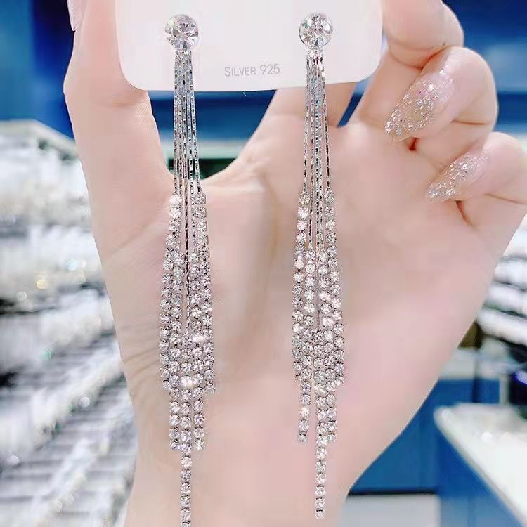 Women's Fashion Exaggerated Rhinestone Long Fringe High-grade Earrings