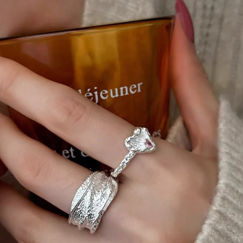 Geometric Lava Irregular Female Sweet Loving Heart Twin Temperament Ring