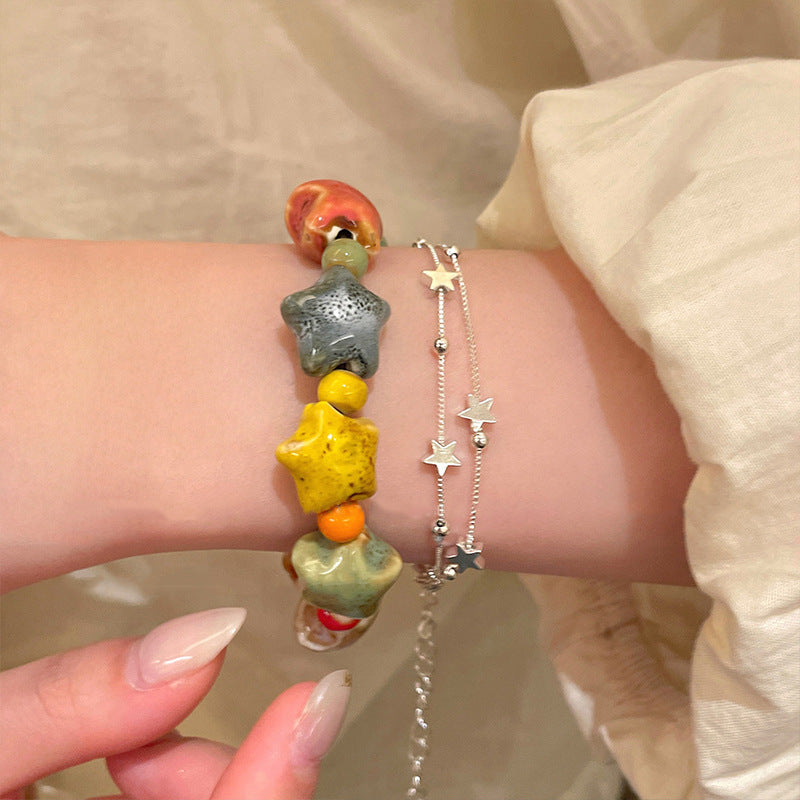 Women's Flower Glaze Ceramic Retro Ethnic Style Twin Design Cute Bracelets