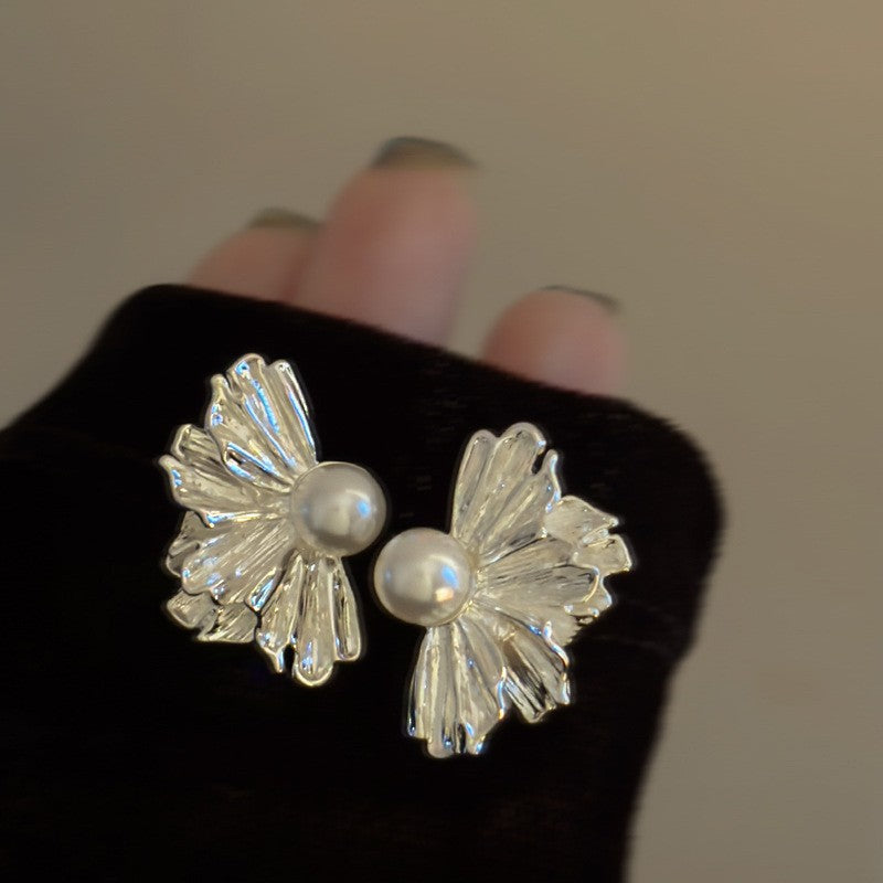 Pearl Irregular Fan Shaped Chinese Style High Sense Stud Earrings