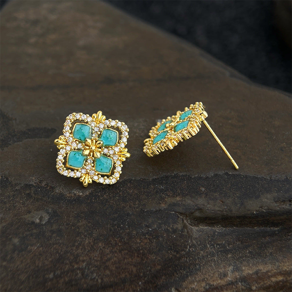Drip Glazed Square Hollow Zircon Geometric Light Luxury French Stud Earrings