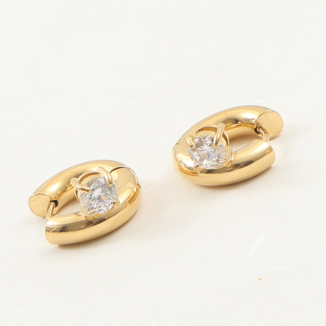 Thick Inlaid Zircon Titanium Steel Gold Stud Earrings