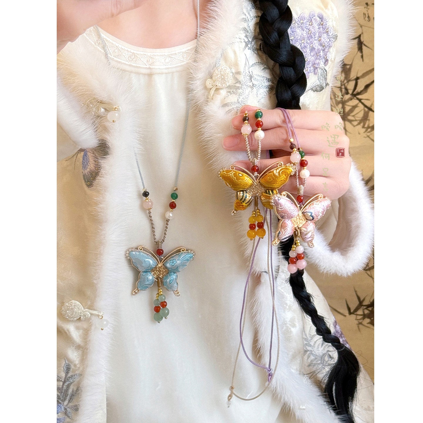 Women's Dynasty Brocade Butterfly Tassel Chinese Style Long Sweater Chain National Necklace