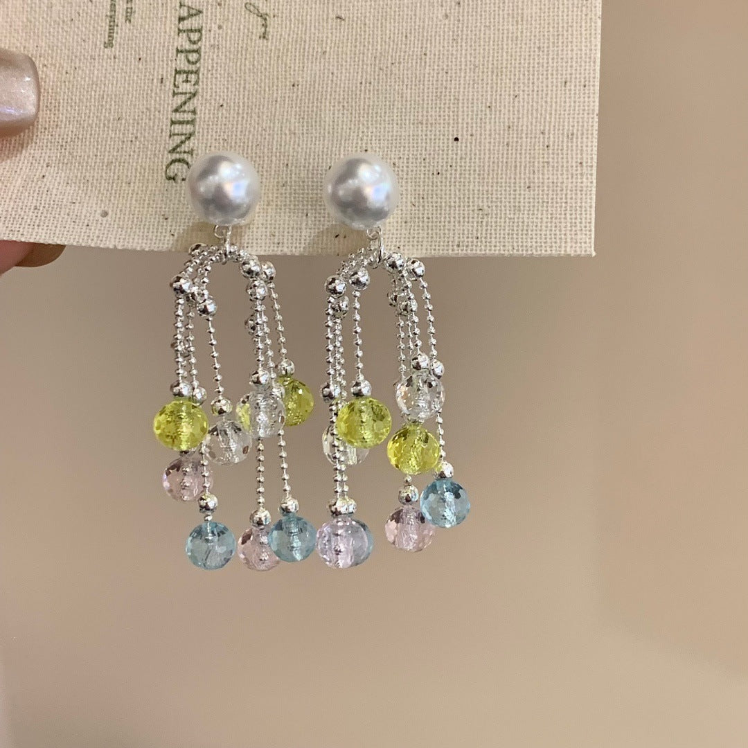 Style Niche Color Crystal Tassel Long Fashionable Dopamine Indie Pop Stud Earrings