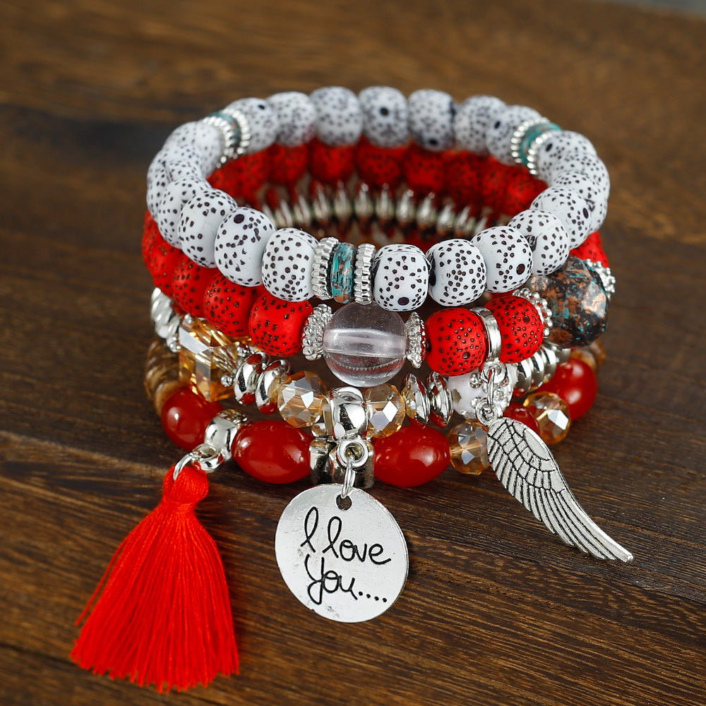 Combination Buddha Beads Simple Disc Heart Wings Tassel Bracelet