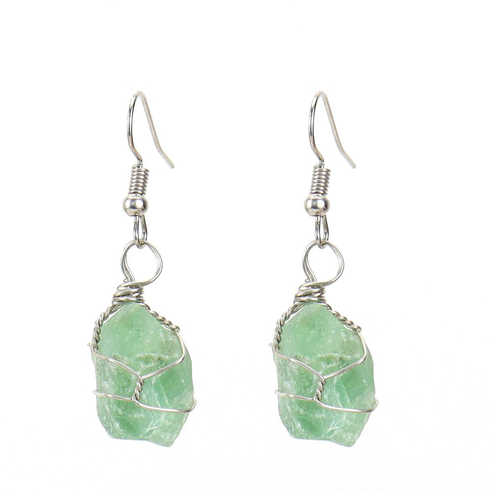 Women's Handmade Sier Winding Natural Stone Rough Crystal Agate Earrings