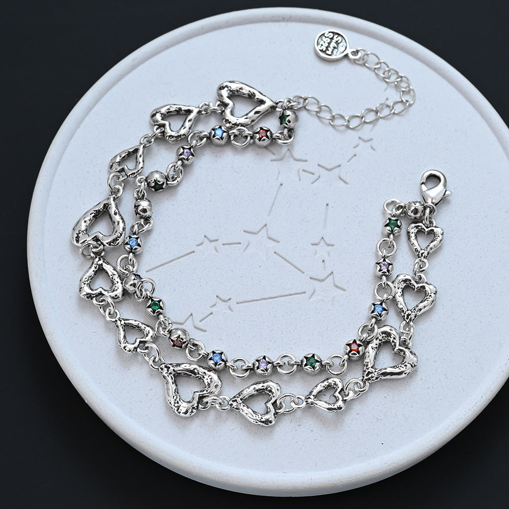 Retro Colorful Zircon Five-pointed Star Heart Niche Temperament Double Layer Bracelets