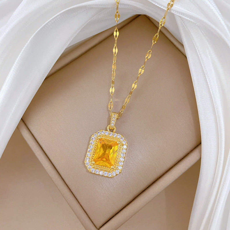 Steel Light Luxury Square Full Rhinestone Zircon Design Versatile Korean Necklaces