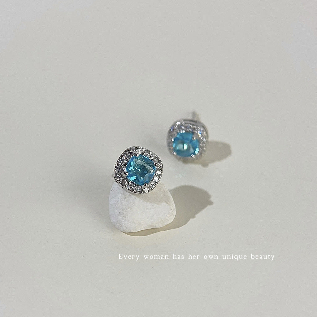 Micro Inlaid Zircon Simple Navy Blue Square Geometric Sier Earrings