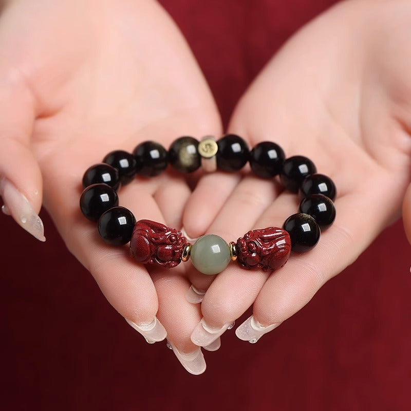 Men's Pi Black Gold Obsidian Original Life Jade Lucky Beads Sier Bracelets
