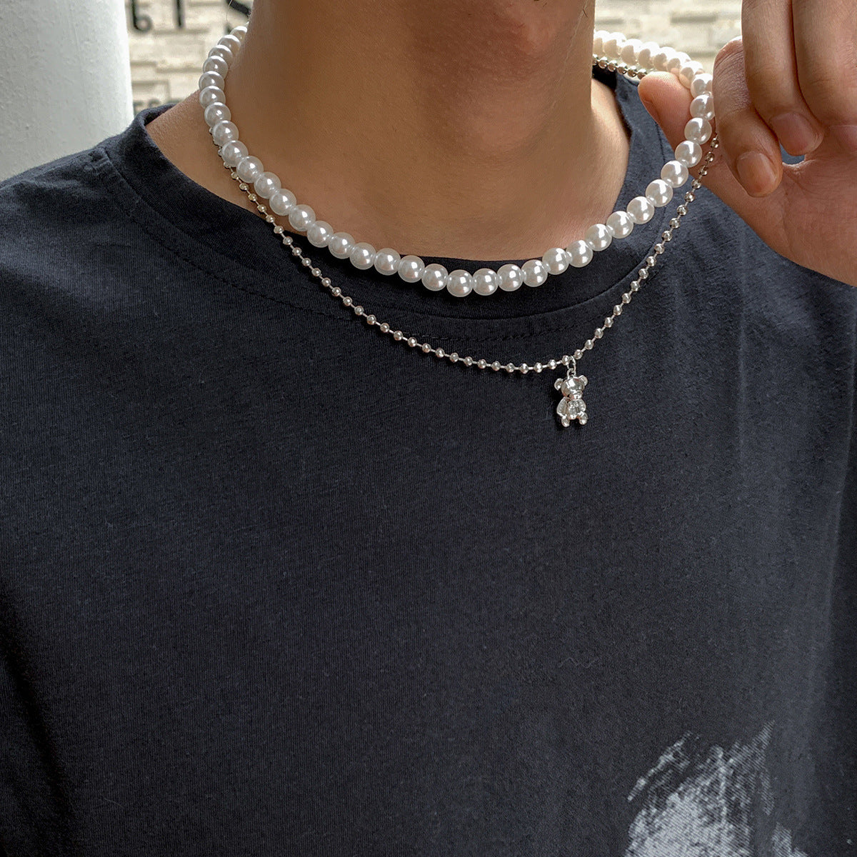 Men's Ornament Pearl Bear Niche Design Simple Hip Necklaces