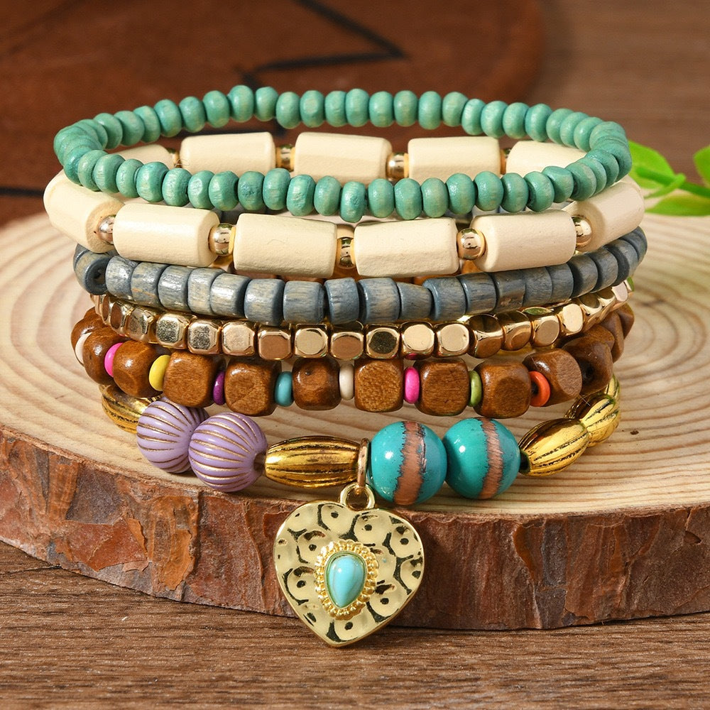Wooden Bead Leather Rope Twin Ethnic Bracelet