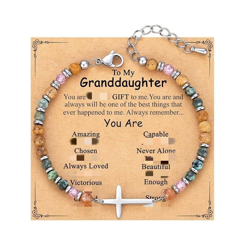 Women's Natural Stone Beaded Cross Lobster Buckle Adjustable Band Bracelet