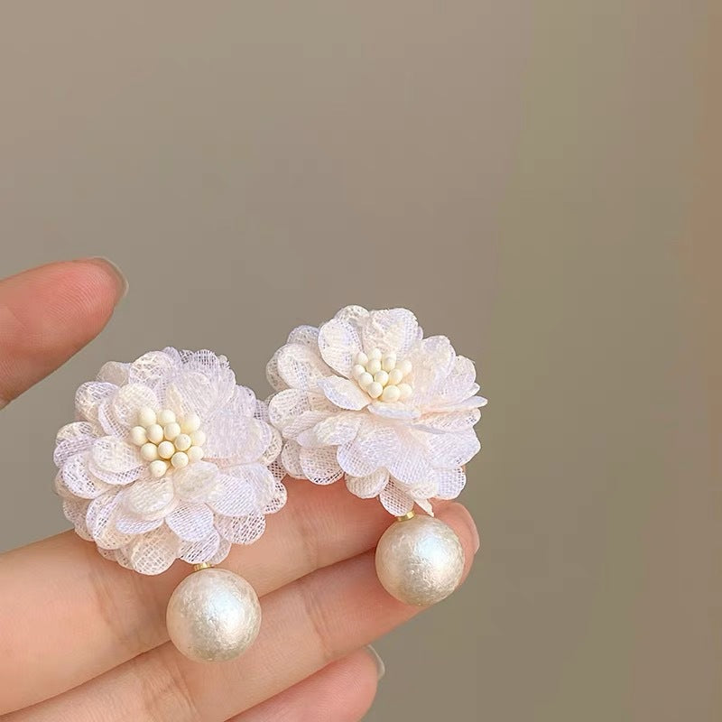Women's Super Fairy Retro Fabric Chiffon Flower Sier Needle Stud Earrings