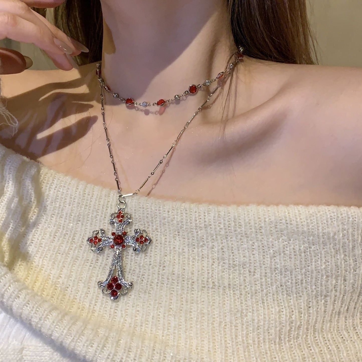 Punk Red Cross Female Trendy Hot Gothic Style Double Layer Necklace