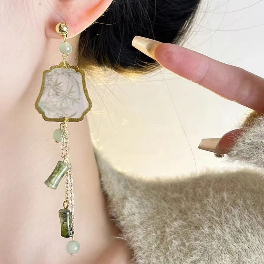 Women's Style National Fashion Enamel Long Tassel Ancient Jade Bamboo Flower Stud Earrings