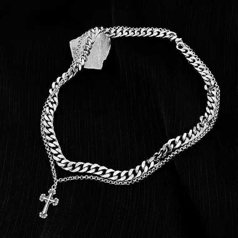 Men's Cross Design Double Layer Twin Cuban Necklace