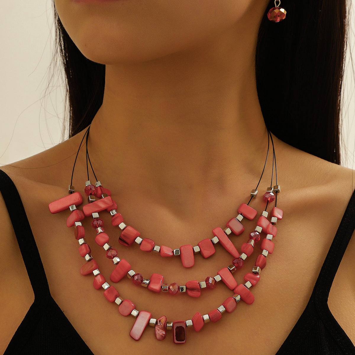 Women's Fashion Style Korean Love Pink Beaded Simple Graceful Jewelry Set
