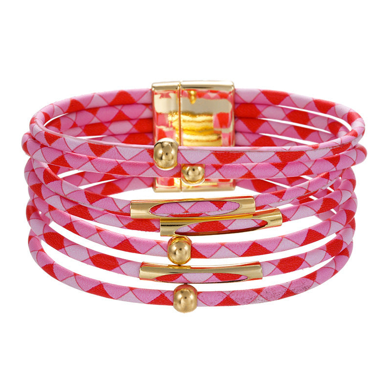Print Magnetic Buckle Leather String Beads Rope Bracelets