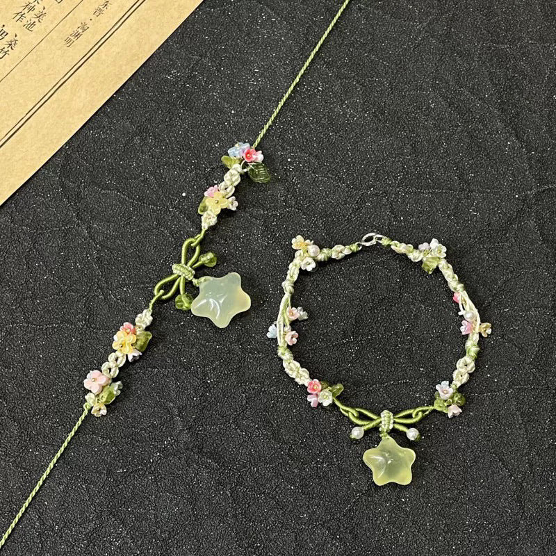 Summer Frozen Stars Green Crystal Colorful Small Flower Woven Carrying Necklaces