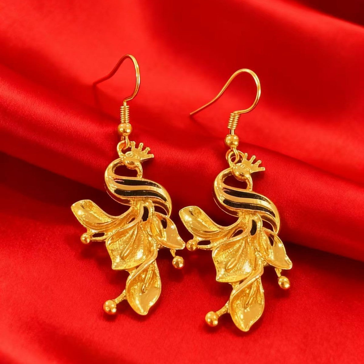 Women's Frosted Peacock Leaf Alluvial Gold Phoenix Earrings