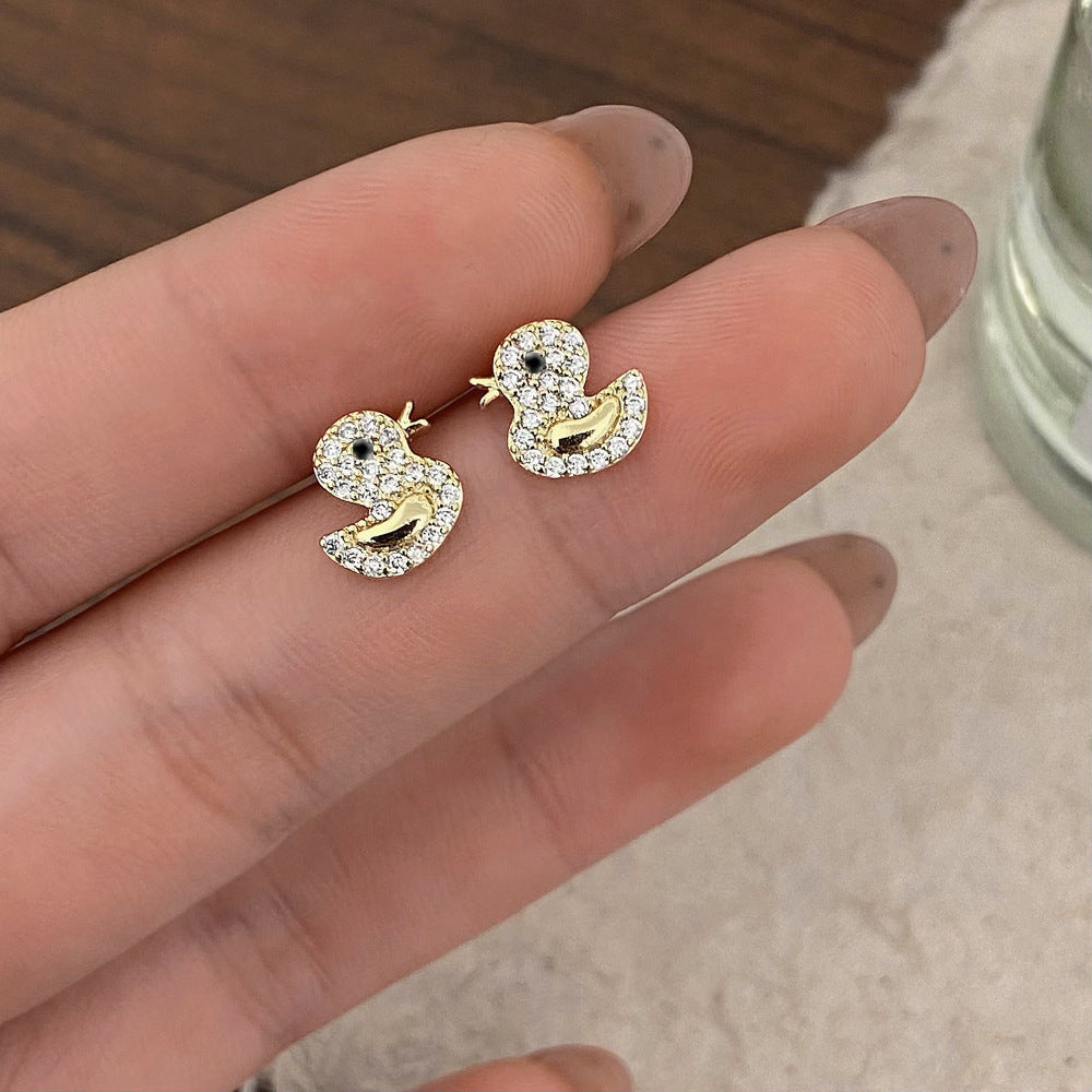 Style Cute Micro Inlaid Zircon Little Duck Earrings