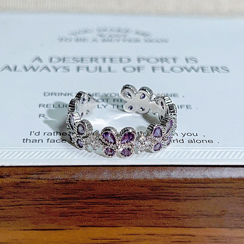 Purple Zirconium Bow Open Sweet Cool Niche High Ring