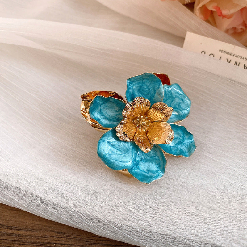 Women's Enamel Flower Open Golden Petal Design Rings