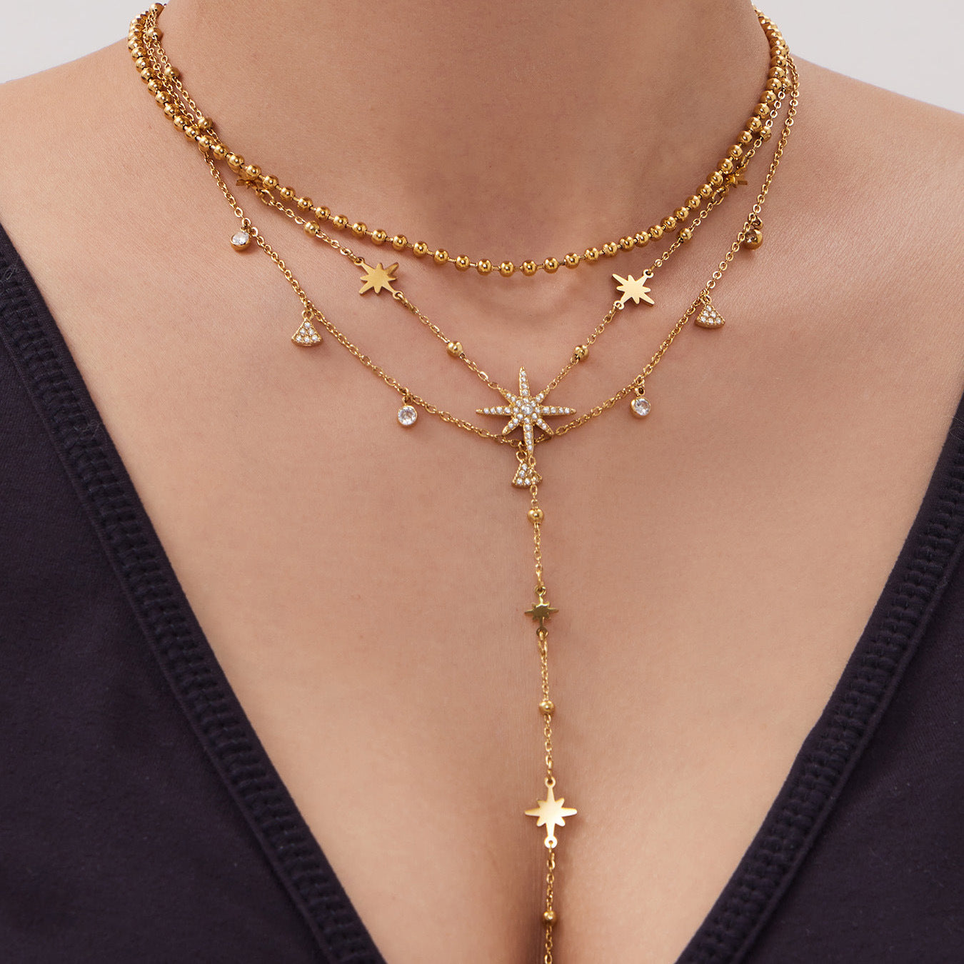 Luxury Fashion Zircon Six-pointed Star Word Twin Stainless Jewelry Set