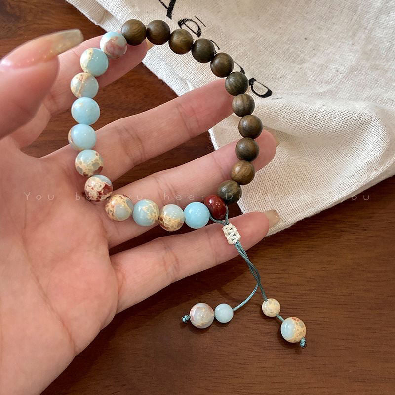 Women's & Men's Stone Green Sandalwood Stitching Chinese Zen Wooden Retro Ethnic Bracelet