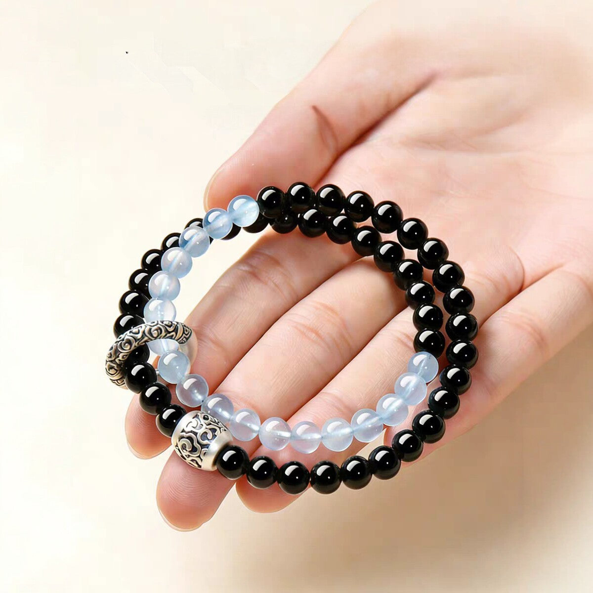Women's & Men's Obsidian Aquamarine Double Crystal Lucky Beads Bracelets