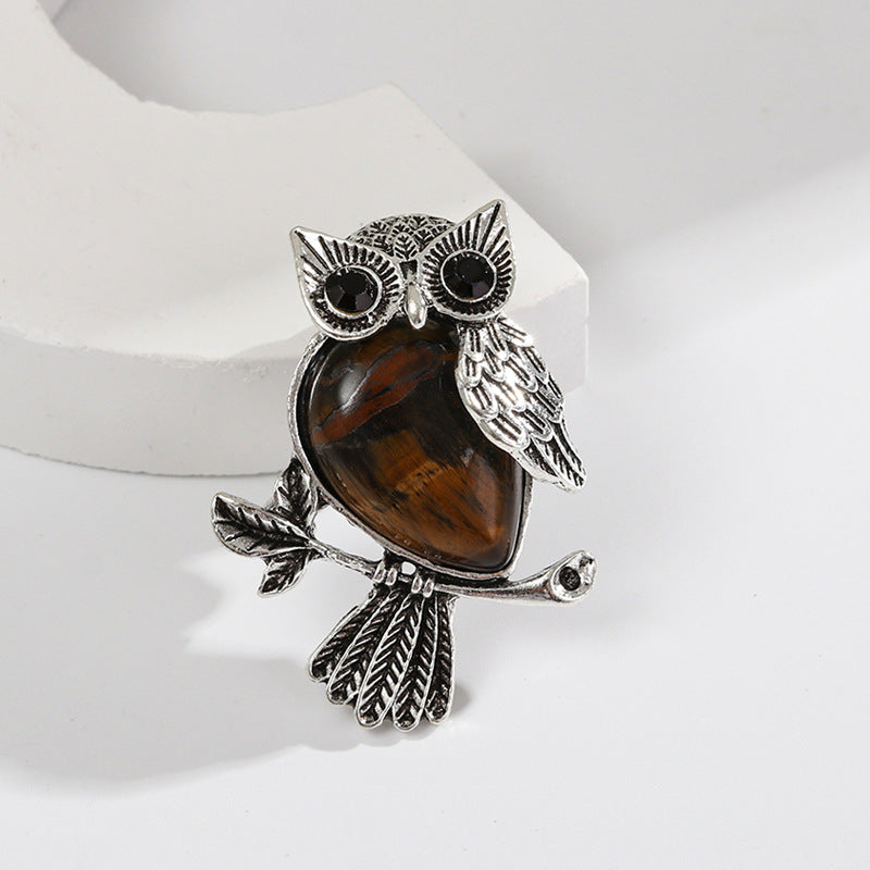 Natural Stone Crystal Owl Brooch Cute Brooches