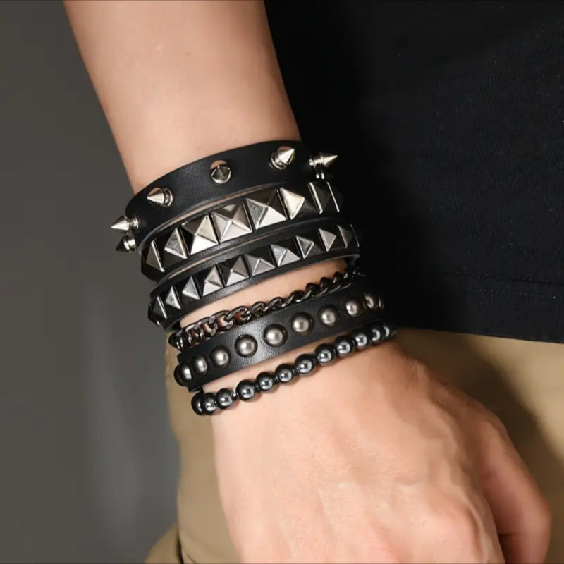 Exaggerated Tapered Pointed Rivet Three Rows Leather Bracelets