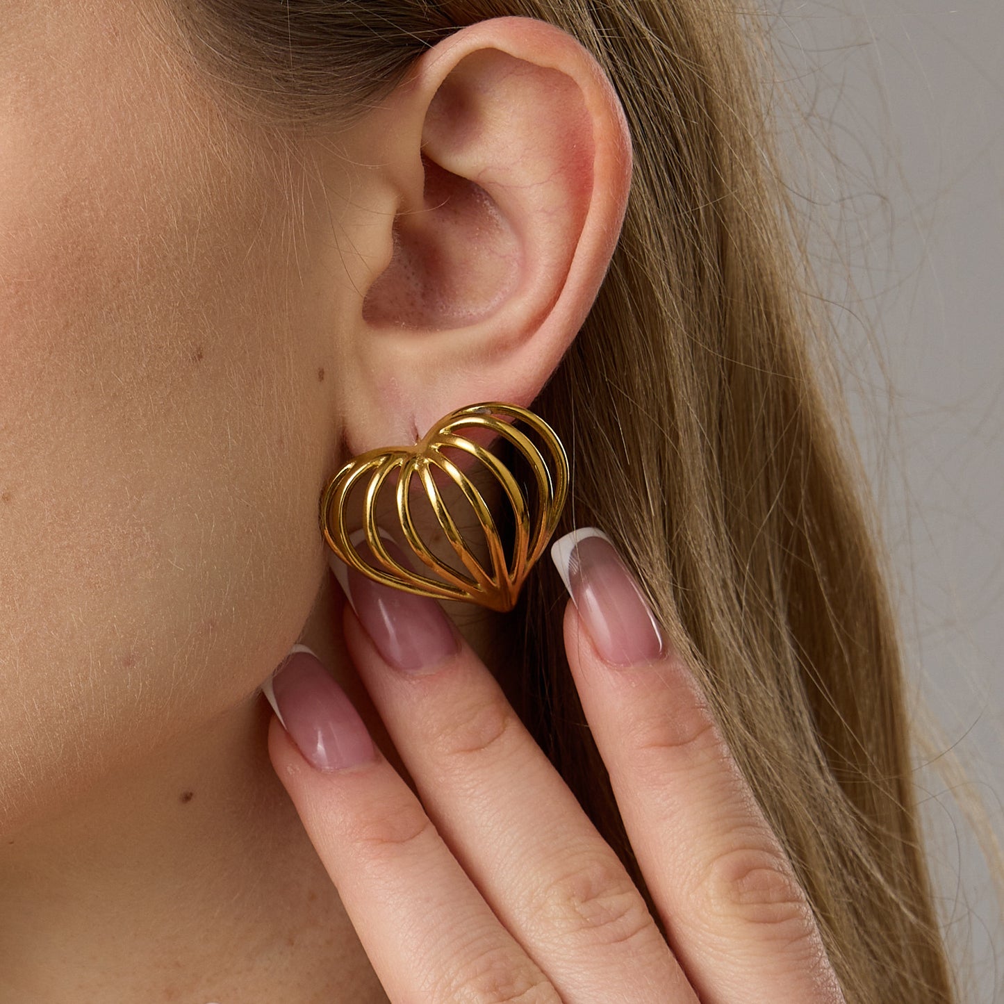 Gold Stainless Steel Heart Shape Hollow Stud Earrings