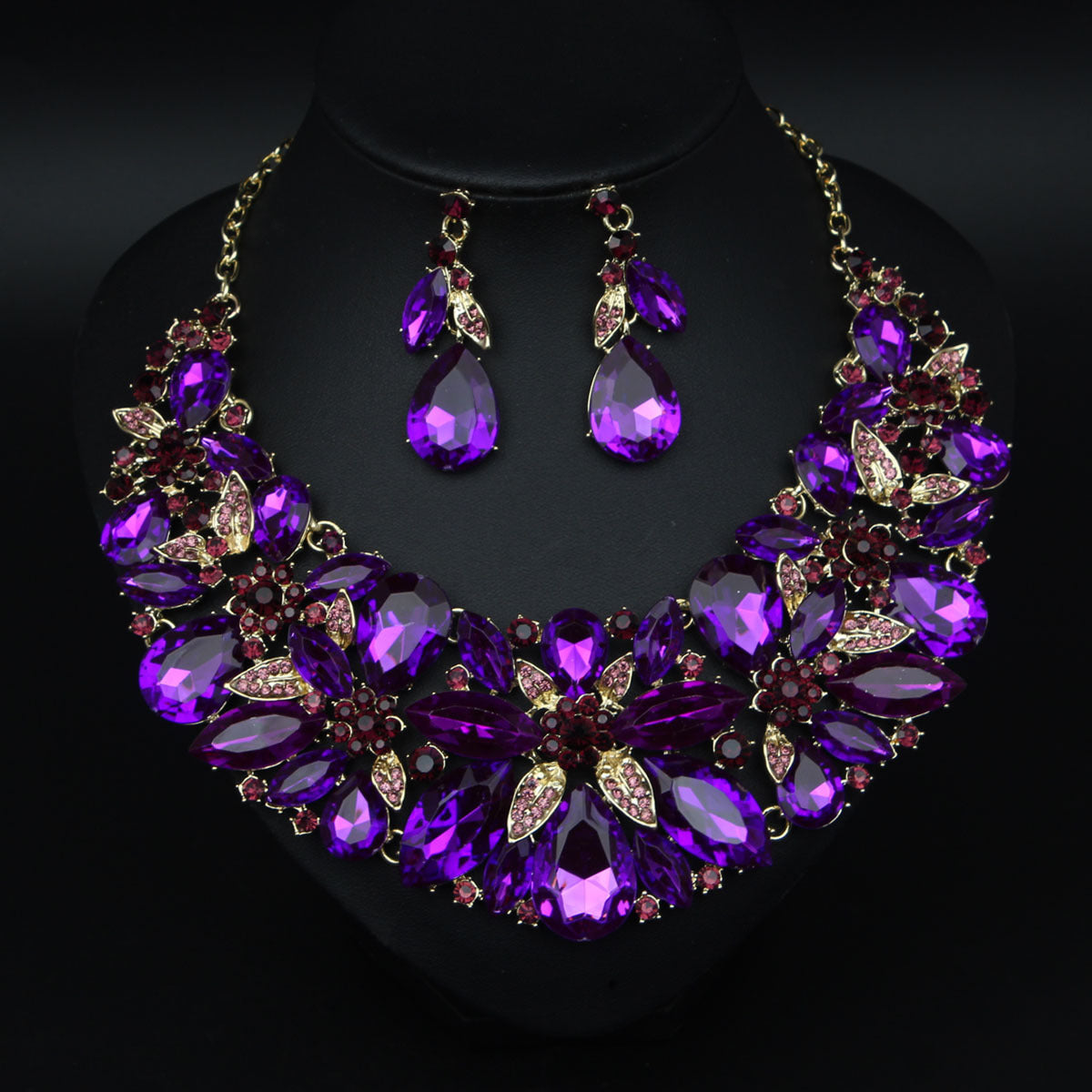Fashion Exaggerated Gemstone Leaves Suite Luxury Dress Banquet Jewelry Set