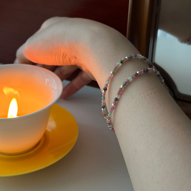 Women's Sterling Sier Color Tourmaline Sliver Beads Simple Chinese Design Bracelet