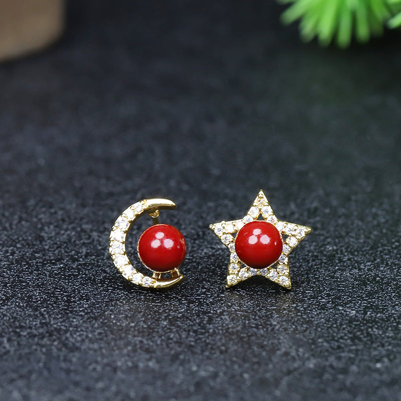 Purple Gold Sandstone Inlaid Ear Cherry Cinnabar Swan Female Earrings