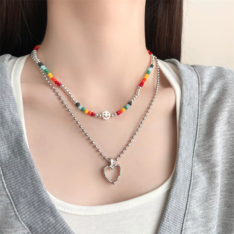 Colorful Beaded Double Layer Twin Love Sweater Female Necklace