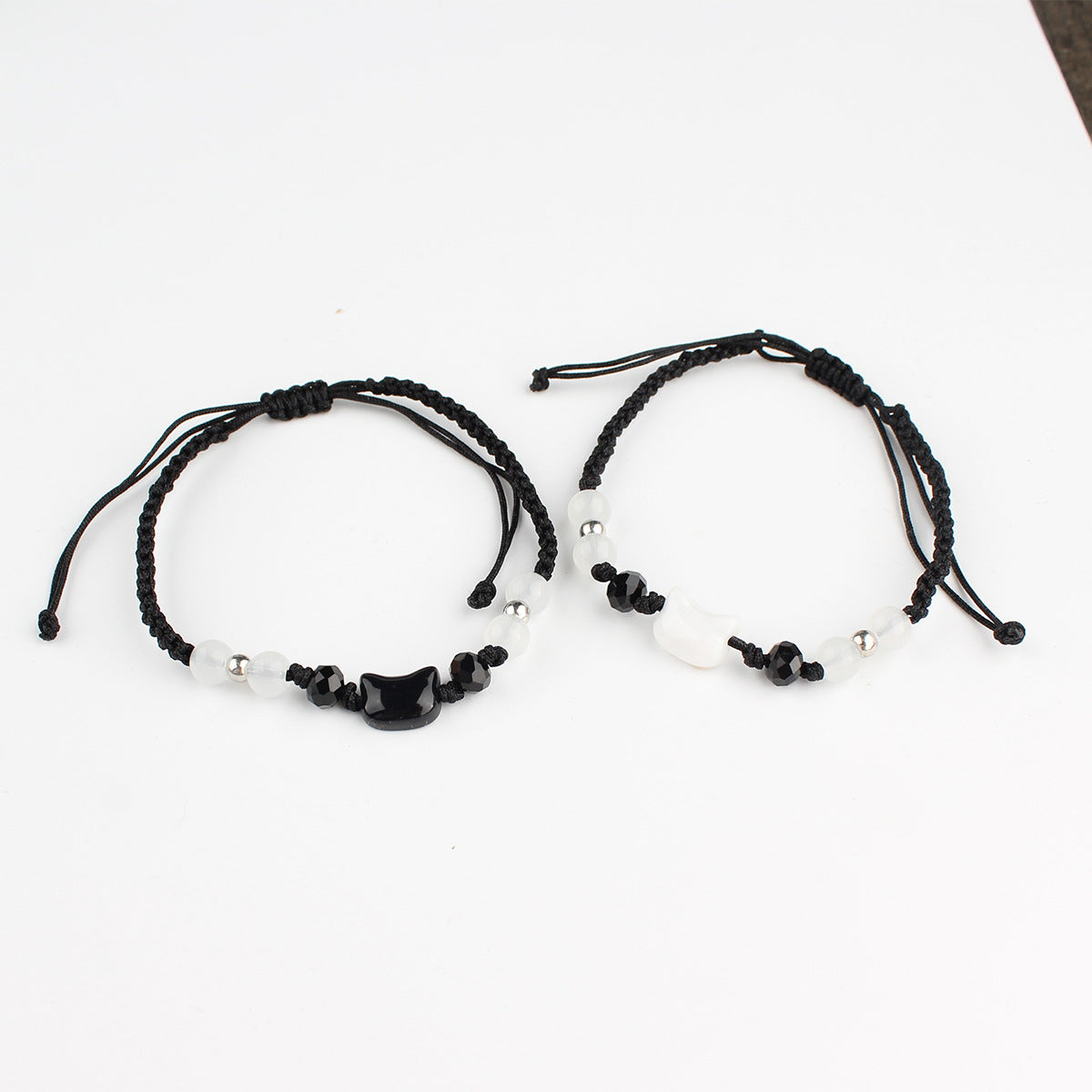 Women's & Men's Cat White Beads String Life Carrying Strap Bracelets