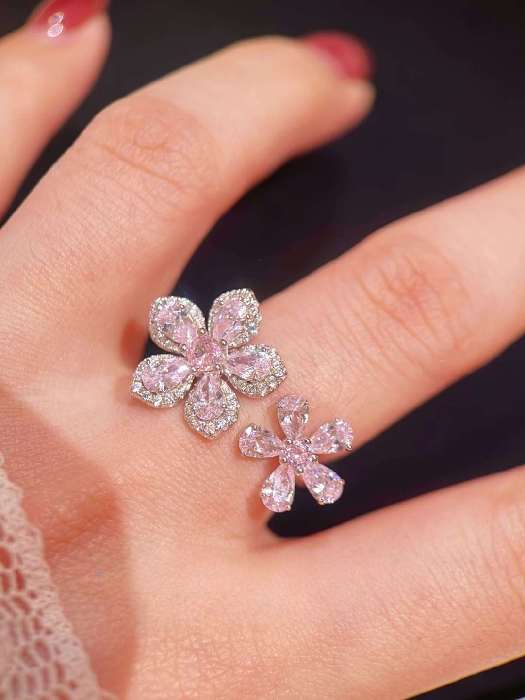 Women's Light Luxury High-grade Spring Cherry Blossom Pink Diamond Double Ring