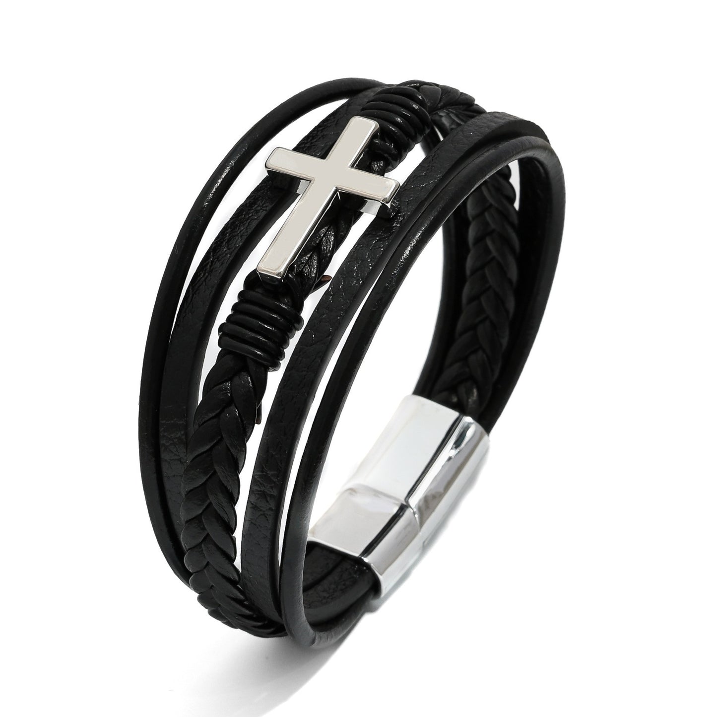 Men's Cross Leather Handmade Braided Rope Magnetic Bracelet