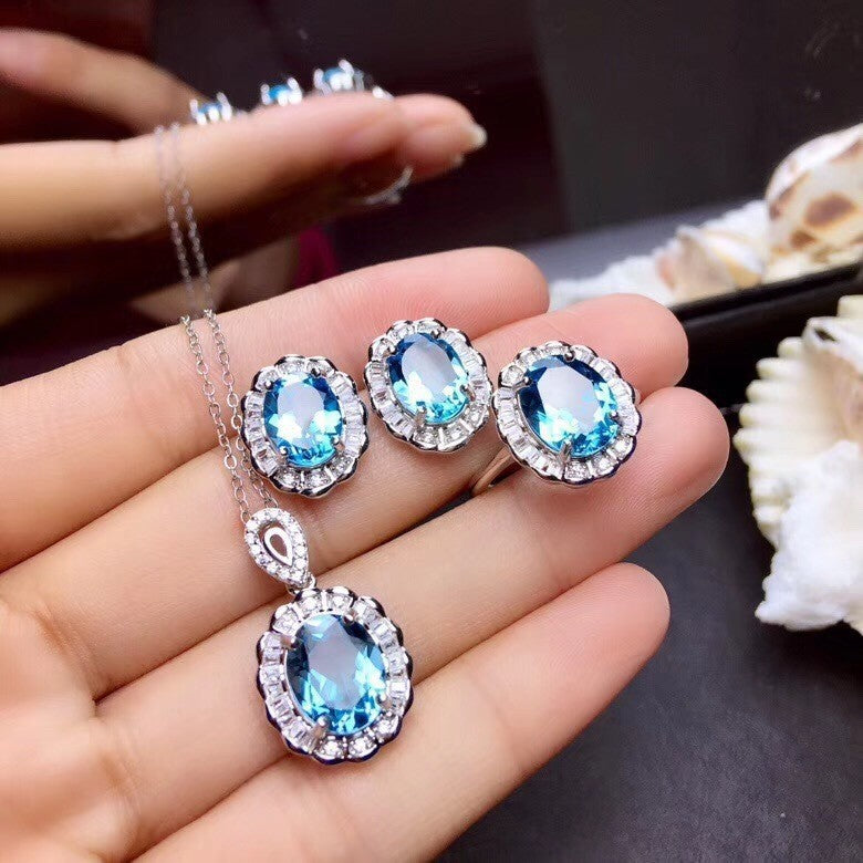 Live Broadcast Three-piece Colored Gems Ear Combination Personality Necklaces