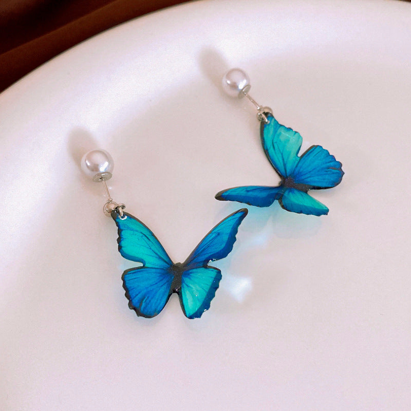 Blue Crystal Butterfly Flower Fashion Simple Fresh Light Luxury High Earrings