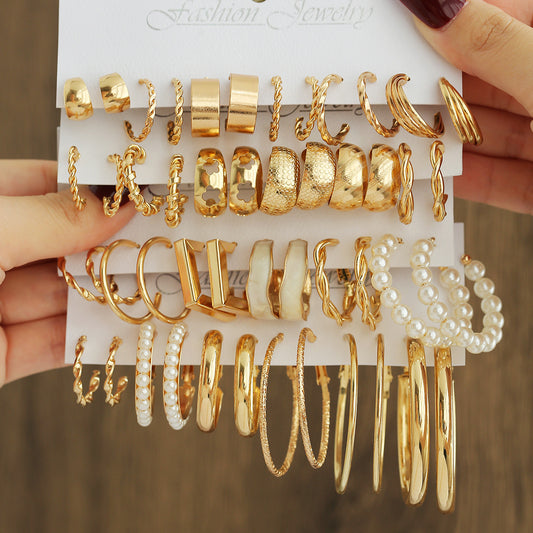 Ear Square Geometric Metal Vintage Pearl Hepburn Earrings