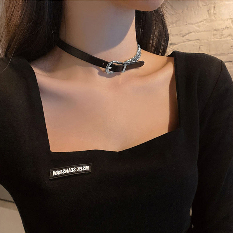 Cowhide String Stitching Titanium Steel Chain Female Hip Hop Disco Necklaces