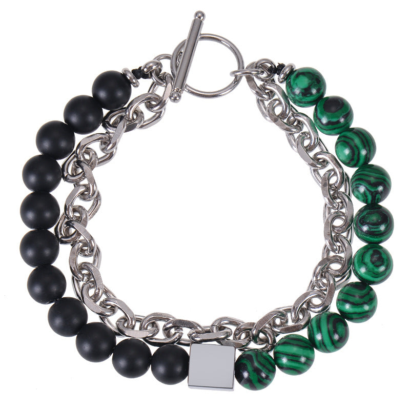 Men's Stainless Steel Square Black Magnet Beaded Bracelet