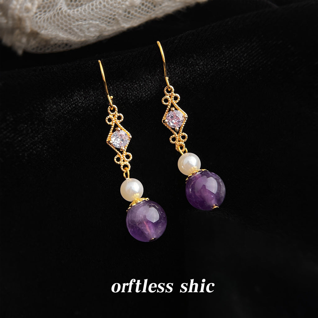 Zircon Long Natural Stone Amethyst Fashion High-grade National Chinese Style Earrings